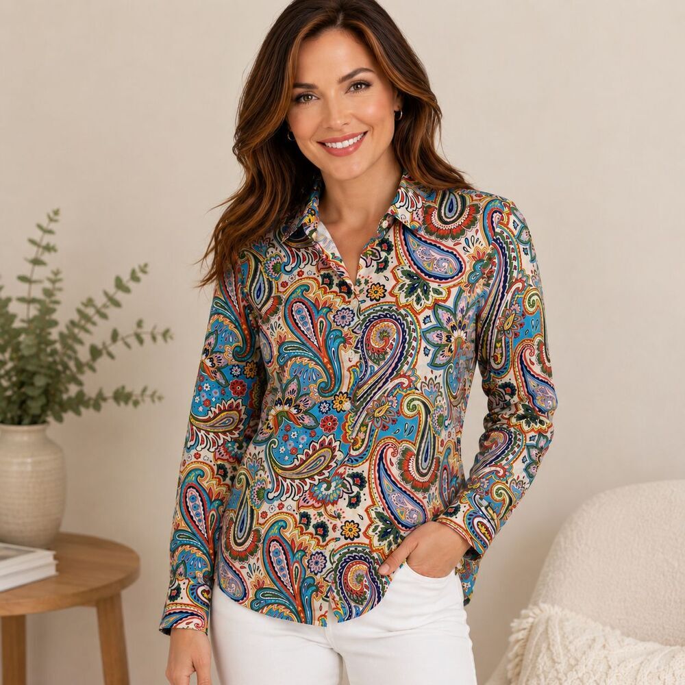 Hinson Wu Margot Paisley Print Button Front Stretch Cotton Shirt XS Multicolor